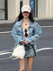 Korean Style Heavy Duty Washed Print Denim Jacket A-Line Mini Skirt Set High Waist Slimming Effect Casual Sportswear