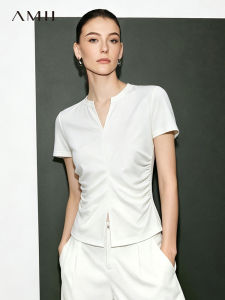 AMII | Leisure Split Neck Flared Short Sleeve T-Shirt