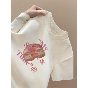 Retro Japanese Style Pure Cotton Short Sleeve T-Shirt Women Summer Loose Chic Hong Kong Style Top Cream Apricot Print Design