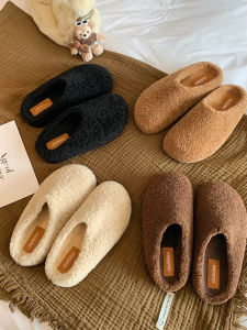 Womens Fleece Lined Slippers Thick Bottom Sheepskin Slip-On Indoor Outdoor Slippers Warm Cotton Shoes Korean Style Flat Heel