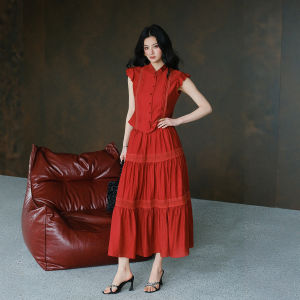 Light Chinese Style Modified Vintage Red Short Top and Long Skirt Set