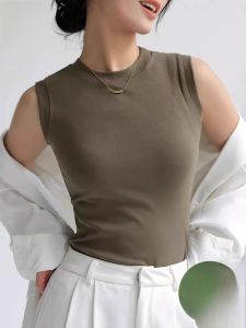 MiiOW | Cat Woman Sleeveless Vest Women Summer Stand Collar 2025 New Round Neck Inner Wear Short Sleeve Wide Shoulder Top High End Feel