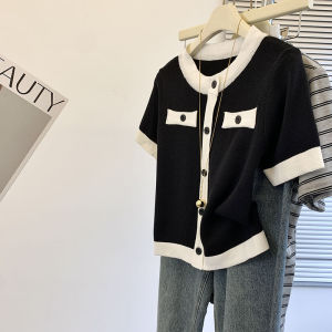 เสื้อสาวอวบ เสื้อยืดคอกลมแขนสั้นทรงหลวมสไตล์เกาหลีสำหรับผู้หญิงในฤดูร้อน ปกปิดหน้าท้อง ลดอายุ เสื้อชั้นในลายสก็อตสีบล็อก