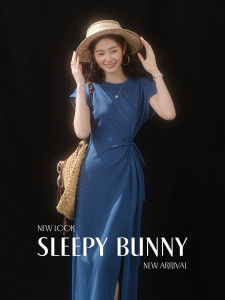 Slimming Belt Side Slit Round Neck Short Sleeve Summer Commuter Dress Womens Maxi Dress