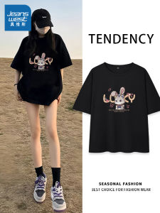 KWV Jeanswest Womens Black Pure Cotton Short Sleeve T-Shirt Fashionable Summer 2025 New Arrival Commute Style round Neck