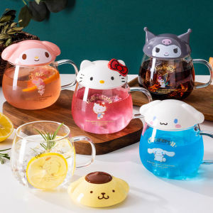 Kawaii Sanrio Tableware Glass Cup with Lid Hello Kittys Mymelody Kuromi Cinnamoroll Cute Beauty Transparent Water Cup Girl Gift