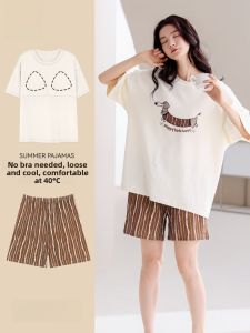 Miiow | Pure Cotton Short Sleeve Sleepwear Womens Style Summer New Cute Home Clothes Two-Piece Set With Chest Pad Integrated Design