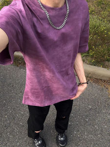 Graduated Tie Dye Purple Short Sleeve Mens Summer American Retro Heavyweight T-Shirt Loose Casual Half Sleeve Cleanfit