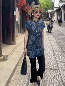 YUFUQING | New Chinese Retro Print Stand Collar Button Short Sleeve Womens Shirt Summer Loose Top Thin High Waist Straight Cut Long Pants