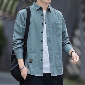 Wear-Resistant Workwear Shirt Mens Spring Autumn Loose Casual Long Sleeve Button up Pure Color American Style Youth Fashion
