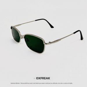 OXFREAK | UV400 Silver Frame Green Lens Lightweight Business Metal Square Sunglasses