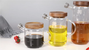 Cabify Borosilicate Glass Transparent Oil Dispenser Bottle with Wooden Lid Jar Airtight Spout Flow Cover