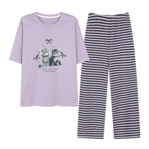 MiiOW | Cat Woman Summer Sleepwear Casual Thin Short Sleeve Long Pants Cotton Home Clothes Outdoor Wearable Comfortable Breathable