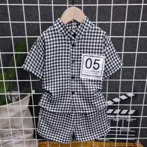 ชุดเด็กผู้ชาย SOLANNA เสื้อผ้าเด็กผช ดีไซน์ลายสก๊อตแฟชั่นสไตล์เกาหลี ชุดเสื้อเชิ้ตแขนสั้น+กางเกงขาสั้นสำหรับเด็กสองชิ้น 23913