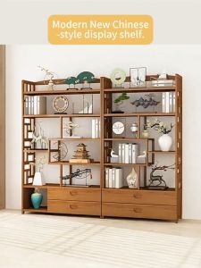 LACC Bamboo Display Storage Rack High-grade Bookshelf With Drawers 5/6 Layers Space Cabinet Saving Living Room Shelf Antique Organizer Display Rack