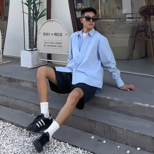 Light Blue Long Sleeves Shirt Mens Summer K-style Lightly Mature Mens Fancy Sun Protection Outwear Trendy Handsome Shirt