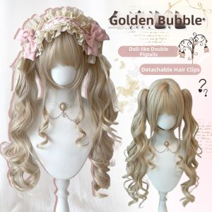 Golden Synthetic Hair Long Wavy Full Wig Twin Tails Lolita Style