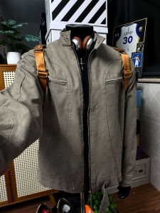 Grey Heavy-Weighted Short Mens Denim Jacket Stand Collar American Retro Harington Coat Ball Game Sportswear for Autumn