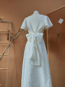 French Gentle Style White Dress Womens Short Sleeve Butterfly Knot Unique Beautiful Midi Skirt Commute Style Korean Version