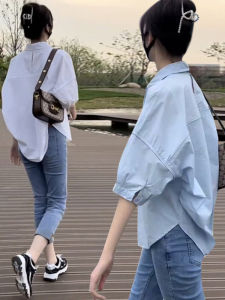 Blue French Style Short Sleeve Shirt Womens Summer Casual Versatile Small Size Half Sleeve Top Dongda Gate Womens Clothing