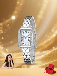 Shanghai | Female Small Square Watch with Magnolia Pattern and Real Diamond