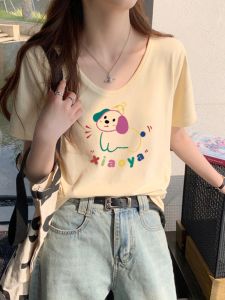 Áo Thun Cotton Cổ Chữ V Tay Ngắn Mùa Hè Cho Nữ in Họa Tiết Thú Cưng Dáng Rộng Thoải Mái Chất Liệu Cotton Phong Cách Thường Ngày