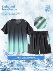 Sportswear Suit Mens Running Short Sleeve Ice Silk Summer Quick-Drying Top Basketball Wear Feather Fitness Clothes Shorts Summer