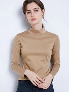 Luxury Double-Sided Mercerized Cotton High-Count Combed Pure Cotton Mock-Neck Silm Long Sleeves Bottoming Shirt T-Shirt Womens Clothing 2023 New
