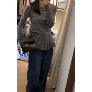 Grey Slim Fit Long Sleeve T-Shirt Womens Base Shirt Top Design Sensation Ballet Style Lace Hem Versatile Bottoming Shirt