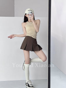 กระโปรงจีบสีน้ำตาลสไตล์ย้อนยุคสำหรับผู้หญิง กระโปรงสั้นสูทเอวสูง กางเกงกระชับสัดส่วน JK กันแสง กระโปรงทรงเอ