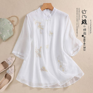 Summer New Arrival Chinese Style Chinese Knot Button Embroidery Double Layer Shirt Women Loose Stand-up Collar Medium-Sleeve Slimming Retro Chinese Style Tops