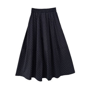 Váy Chữ a Cạp Cao Họa Tiết Chấm Bi Màu Xanh Lam Cho Nữ Mùa Hè Váy Midi Cỡ Lớn Váy Xếp Ly Rộng Rãi Váy Công Sở Phong Cách Hàn Quốc