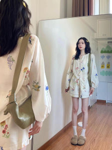 French Vintage Gentle Style Casual Set Women Summer 2024 New Small Size Print Shirt Short Pants Two Piece Set Fashionable