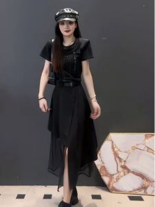 Black Mesh Splice Asymmetrical Midi Skirt Womens Summer 2024 New High Waist Slimming A-Line Skirt Korean Style Commute