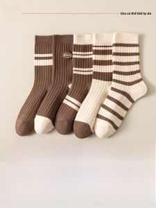 JINGCHI | Tất cotton thoáng khí cho nữ Tất thể thao chống mùi mùa xuân thu dài đến bắp chân Tất cotton thấm hút mồ hôi phong cách đơn giản