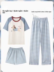MiiOW | Bộ đồ ngủ cotton nguyên chất MiiOW dành cho nữ mùa hè tay ngắn quần dài có đệm ngực thiết kế hoạt hình dễ thương Bộ đồ mặc nhà ba mảnh