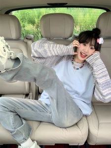 เสื้อสเวตเตอร์ถักแขนยาวสีน้ำเงินสำหรับผู้หญิง ฤดูใบไม้ร่วง/ฤดูหนาว 2025 ดีไซน์ใหม่ สไตล์เกาหลี เสื้อชั้นใน เสื้อคลุม เสื้อผ้าทำงาน