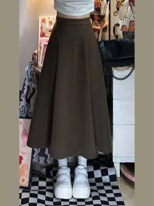 กระโปรงทรงเอผ้าขนสัตว์ทรงเอเอวสูงทรงเอยาวปานกลางสำหรับผู้หญิงไซส์ใหญ่ ทรงเข้ารูป เดรสยาวคลุมเข่าสไตล์เกาหลี