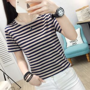 Pure Cotton Short Sleeve T-Shirt Womens New Arrival Summer Plus Size Stripes Loose Tops Half-Sleeve T-shirt Temperamental Mother Cover Belly