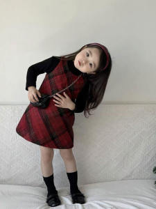 Red Plaid Wool Vest Dress Girls Spring Autumn Outfit Two Pieces Set Warm Cotton Lining Korean Style Childrens Clothing