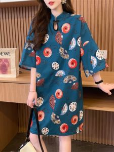 Fashionable Short Sleeve T-Shirt Womens Design Sensation Stand Collar Loose Top Elegant Style Summer New Arrival Qipao Modification