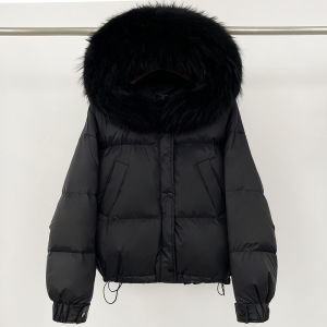 Áo Khoác Phao Nữ Có Mũ Lông Vũ Trắng Cổ Lông Chồn Thật Áo Phao Ấm Áp Mùa Thu Đông Phong Cách Công Sở.