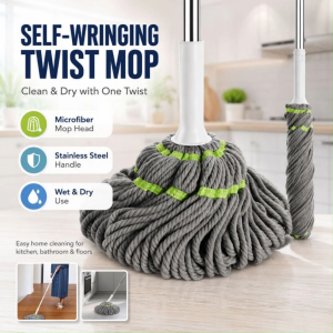 Spin Mop with Squeezer Stainless Steel Handle Floor Mop for Home Cleaning - Microfiber Mop Head Stainless Steel Handle