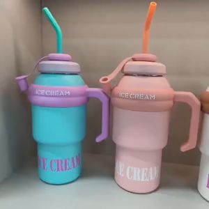 8686.Lucky แก้วเก็บความเย็น สแตนเลสแท้ แก้วice cream ขนาด 1000MLพร้อมที่จับ และฝาปิด พร้อมส่ง