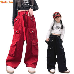 Rolanko Jogger Pants for Kids Girls Loose Wide Leg Cargo Baggy Pants Students Casual Elasticated Waist Trousers Korean Style 4-14 Years