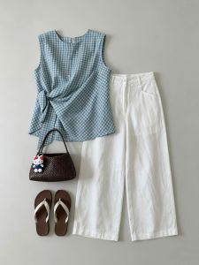 NUMEN BUTTON | Korean Style Petite Office Suit Sleeveless Belted Top High Waist Wide Leg Trousers