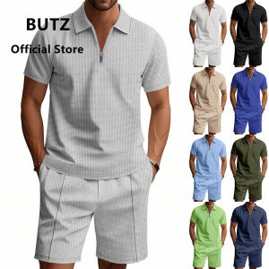 BUTZ brand 2025 summer mens simple and casual loose zipper short sleeved polo shirt beach shorts set