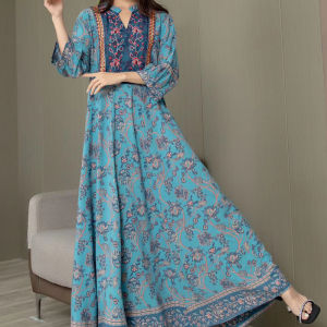 Bohemian Style Embroidered Flower V-Neck Lantern Sleeve Loose Long Dress Womens Cotton Polyester Spring Summer Autumn Dress