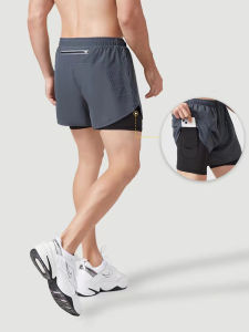 Mens Summer Sporty Shorts Fake Two-Piece Quick Dry Breathable Double Layer Running Fitness Inner Belted Three-quarter Length Pants