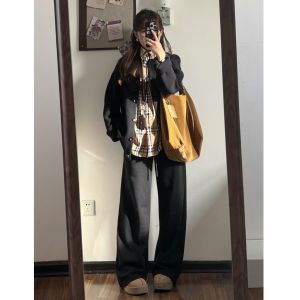 กางเกงขายาวทรงตรงสีขาวสำหรับผู้หญิง กางเกงขายาวทรงหลวมสบาย ๆ ฤดูใบไม้ผลิและฤดูใบไม้ร่วง สไตล์เกาหลี กางเกงขายาวทรงตรงสำหรับผู้หญิงส่วนตัว